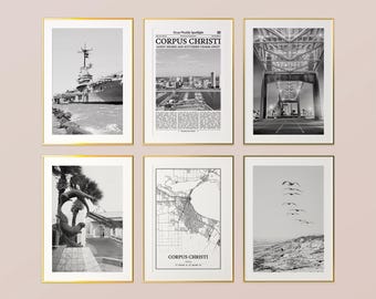 Corpus Christi City Prints Set of 6, Corpus Christi Black And White Prints, Corpus Christi Photo Poster, Corpus Christi Map, Texas