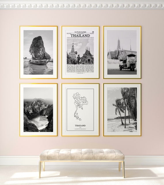 Thailand Prints Set of 6, Thailand Black And White Prints, Thailand Photo Poster, Thailand Wall Art, Thailand Map, Thailand