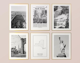 New York State Prints Set of 6, New York Black And White Prints, New York Photo Poster, New York Wall Art, New York Map, United States