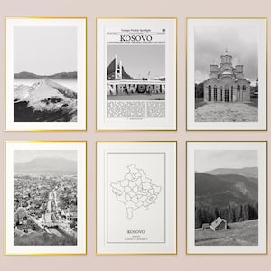 Kaukasus Prints 6er Set, Kaukasus Schwarzweiß-Drucke, Kosovan Foto-Poster, Kosovan Wandkunst, Kosowo Karte, Kosov