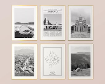 Kosovo Prints Set of 6, Kosovo Black And White Prints, Kosovo Photo Poster, Kosovo Wall Art, Kosovo Map, Kosovo