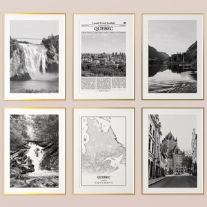Conjunto de 6 impressões de Quebec, impressões em preto e branco de Quebec, pôster fotográfico de Quebec, arte de parede de Quebec, mapa de Quebec, Canadá
