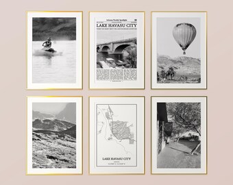 Lake Havasu City Prints Set of 6, Lake Havasu City Black And White Prints, Lake Havasu City Photo Poster, Lake Havasu City Map, Arizona