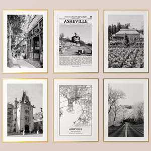 Asheville City Prints Set of 6, Asheville Black And White Prints, Asheville Photo Poster, Asheville Map, North Carolina, United States