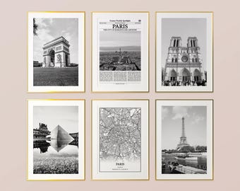 Paris City Prints Set of 6, Paris Black And White Prints, Paris Photo Poster, Paris Wall Art, Paris Map, France