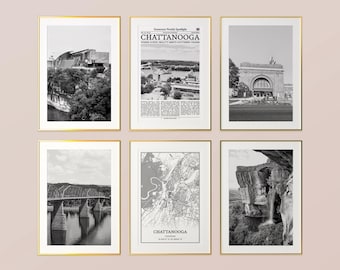 May include: Set of six black and white framed prints featuring various scenes from Chattanooga, Tennessee. The prints include a bridge, a waterfall, a map, a building, and a newspaper clipping.