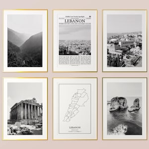Libanon Prints 6er Set, Libanon Schwarzweiß Drucke, Libanon Foto Poster, Libanon Wandkunst, Libanon Karte, Libanon