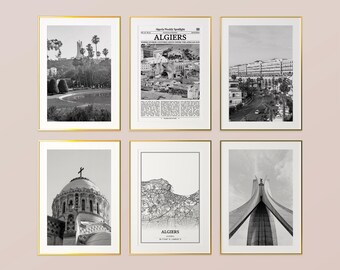 Algiers City Prints Set of 6, Algiers Black And White Prints, Algiers Photo Poster, Algiers Wall Art, Algiers Map, Algeria