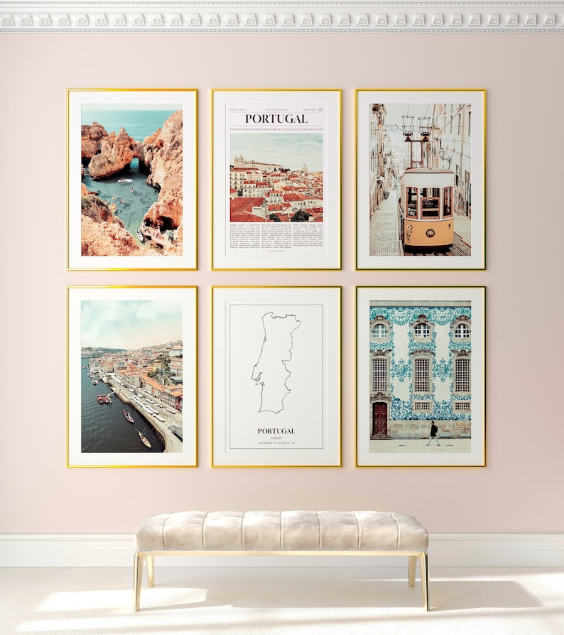May include: A set of six framed prints depicting various scenes from Portugal, including a beach with rock formations, a cityscape, a tram, a tiled building, and a map of the country. The frames are gold and the prints have a vintage aesthetic.