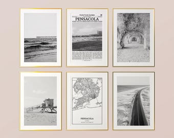 Pensacola City Prints Set of 6, Pensacola Black And White Prints, Pensacola Photo Poster, Pensacola Map, Florida, United States