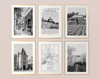 Asheville City Prints Set of 6, Asheville Black And White Prints, Asheville Photo Poster, Asheville Map, North Carolina, United States