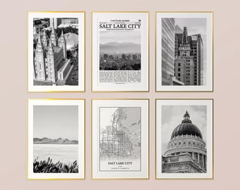 Salt Lake City Prints Set of 6, Salt Lake City Black And White Prints, Salt Lake City Photo Poster, Salt Lake City Map, Utah, United States