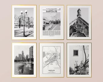 Santa Fe City Prints Set of 6, Santa Fe Black And White Prints, Santa Fe Photo Poster, Santa Fe Map, New Mexico, United States