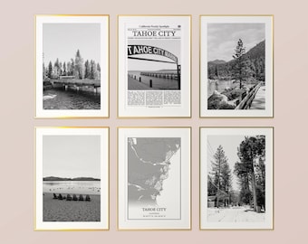Tahoe City Prints Set of 6, Tahoe City Black And White Prints, Tahoe City Photo Poster, Tahoe City Map, California, United States