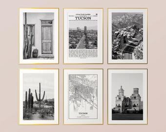 Tucson City Prints Set of 6, Tucson Black And White Prints, Tucson Photo Poster, Tucson Wall Art, Tucson Map, Arizona, United States