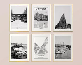 Monterey City Prints Set of 6, Monterey Black And White Prints, Monterey Photo Poster, Monterey Map, California, United States