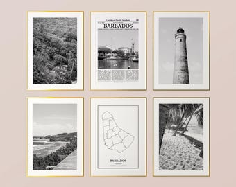 Barbados Prints Set of 6, Barbados Black And White Prints, Barbados Photo Poster, Barbados Wall Art, Barbados Map, Barbados