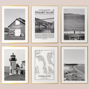 Whidbey Island City prints set van 6, Whidbey Island zwart-wit prints, Whidbey Island fotoposter, Whidbey Island kaart, Washington