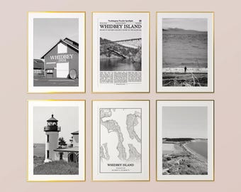 Whidbey Island City Prints Set of 6, Whidbey Island Black And White Prints, Whidbey Island Photo Poster, Whidbey Island Map, Washington