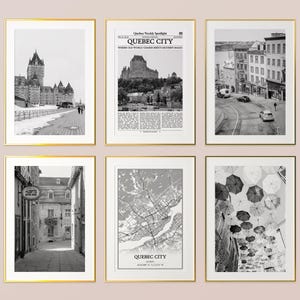 Lot de 6 gravures de la ville de Québec, tirages noir et blanc de la ville de Québec, affiche photo de la ville de Québec, carte de la ville de Québec, Québec, Canada