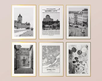 Quebec City Prints Set of 6, Quebec City Black And White Prints, Quebec City Photo Poster, Quebec City Map, Quebec, Canada
