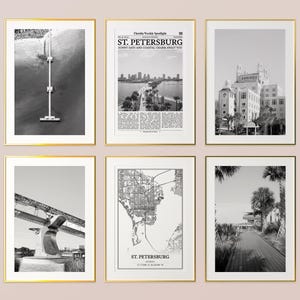 St. Petersburg stad prints set van 6, St. Petersburg zwart-wit prints, St. Petersburg fotoposter, St. Petersburg kaart, Florida