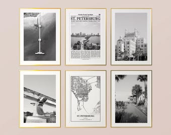 St. Petersburg City Prints Set of 6, St. Petersburg Black And White Prints, St. Petersburg Photo Poster, St. Petersburg Map, Florida