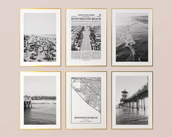 Huntington Beach City Prints Set of 6, Huntington Beach Black And White Prints, Huntington Beach Photo Poster, Huntington Beach Map