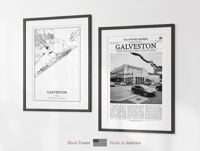 Juego de 6 láminas de la ciudad de Galveston, láminas en blanco y negro de Galveston, póster fotográfico de Galveston, mapa de Galveston, Texas, Estados Unidos imagen 5