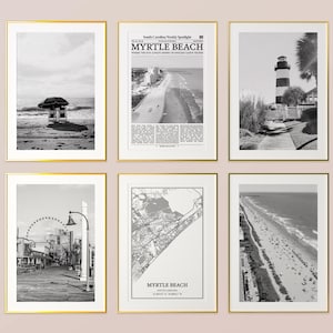 Myrtle Beach City Prints Set of 6, Myrtle Beach Black And White Prints, Myrtle Beach Photo Poster, Myrtle Beach Map, South Carolina