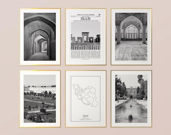 Iran Prints Set of 6, Iran Black And White Prints, Iran Photo Poster, Iran Wall Art, Iran Map, Iran