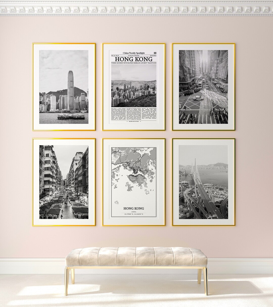 Hong Kong City Prints Set of 6, Hong Kong Black and White Prints, Hong