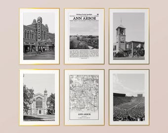 Ann Arbor City Prints Set of 6,  Ann Arbor Black And White Prints,  Ann Arbor Photo Poster,  Ann Arbor Map, Michigan, United States