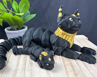 Articulating 3D Printed Bastet Figure – Egyptian Cat Desk Decor (12" Long)