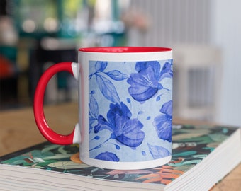 Floral Coffee Mug: Blue Flower Design, Two-Tone Ceramic, 11oz