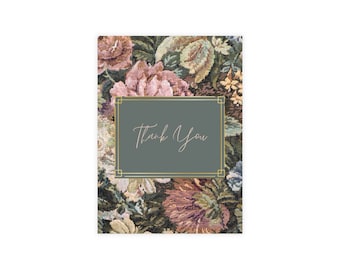 Vintage bedankkaarten met bloemen: groen en goud, verpakking van 30