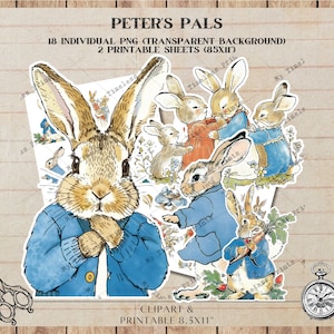 Peter's Pals: Kolekcja starych clipartów z królikami, Arkusz kolaży ATC, Tworzenie kartek do scrapbookingu, Pobieranie cyfrowe, Dziennik śmieci, Stary królik