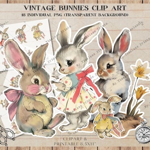 Vintage Bunnies Retro Easter Bunny Clipart, Collage Sheet Scrapbooking Card Making Digital Download Junk Journal, Antique Rabbit Sketch