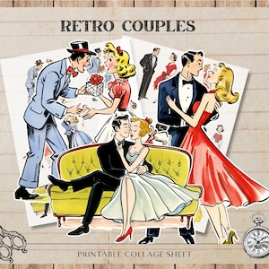Coppia retrò, coppie vintage anni '50 e '50, foglio di collage digitale Scrapbooking, creazione di biglietti, PNG, Natale, download digitale, diario spazzatura