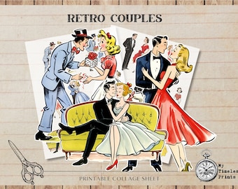 Retro jaren 50 koppels clipart, vintage romantiek, scrapbooking (digitale download)