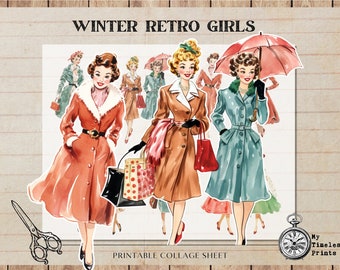 Ragazze retrò invernali, Signore vintage anni '50, Scrapbooking di fogli di collage digitale per realizzare biglietti, PNG, Natale, Download digitale, Diario spazzatura