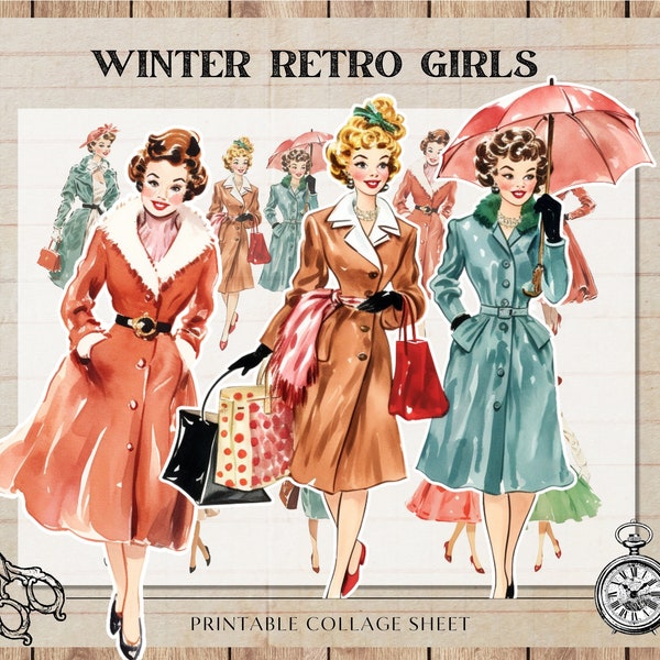 Winter Retro Girls, Vintage Ladies 50's, Digital Collage Sheet Scrapbooking for Card Making, PNG, Christmas, Digital Download, Junk Journal