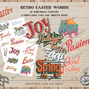 Parole di Pasqua retrò, Clipart primaverili, Collage di Pasqua antico Scrapbook Ephemera Titoli natalizi, foglio collage stampabile Junk Journal Fussy Cut