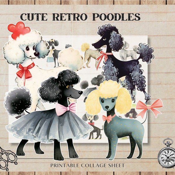 Cute Retro poodles Digital Collage Sheet, Poodle Dogs Card Making, Decoupage, scrapbooking printable image, Digital Download, Junk Journal