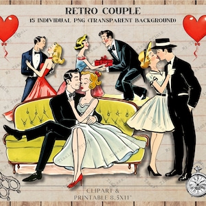 Coppia retrò, Coppie vintage anni '50 e '50, Scrapbooking di fogli di collage digitale, PNG individuali, Natale, Download digitale, Diario spazzatura