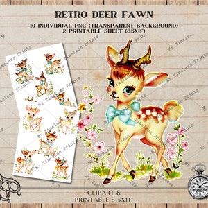 Cervo retrò fulvo, foglio di collage digitale creazione di biglietti per scrapbooking download digitale diario spazzatura, schizzo di fulvo antico, cervo shabby vintage, PNG