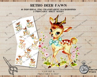 Retro Deer Fawn, Digital Collage Sheet Scrapbooking Card Making Digital Download Junk Journal, Antique Fawn Sketch, Vintage Shabby Deer, PNG