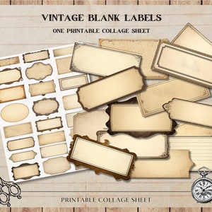 étiquettes vierges vintage, éphémères, fabrication de papier scrapbooking artisanat téléchargement instantané feuille de collage numérique, PNG, JPG, étiquettes journal indésirable