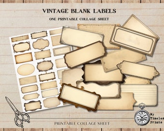 Etiquetas en blanco vintage, efímeras, elaboración de papel, artesanía de scrapbooking, descarga instantánea de hoja de collage digital, PNG, JPG, etiquetas de diario basura