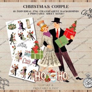 Coppie vintage anni '50, diario spazzatura, taglio pignolo, album di ritagli, decoupage, creazione di biglietti, foglio di collage digitale Clipart JPEG e PNG, Natale